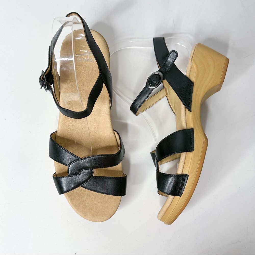 Dansko Black Leather Slingback Sandals with Tan Wood-Look Wedge
